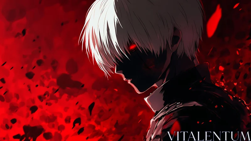 White haired anime figure in red abstract background.