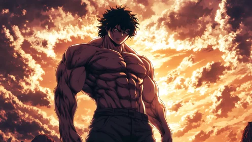 Muscular anime fighter against dramatic sunset sky.