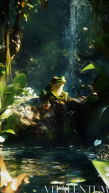 Ray-traced tree frog on wet mossy rock beneath diffused waterfall