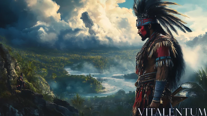 Indigenous warrior profile above river valley landscape.