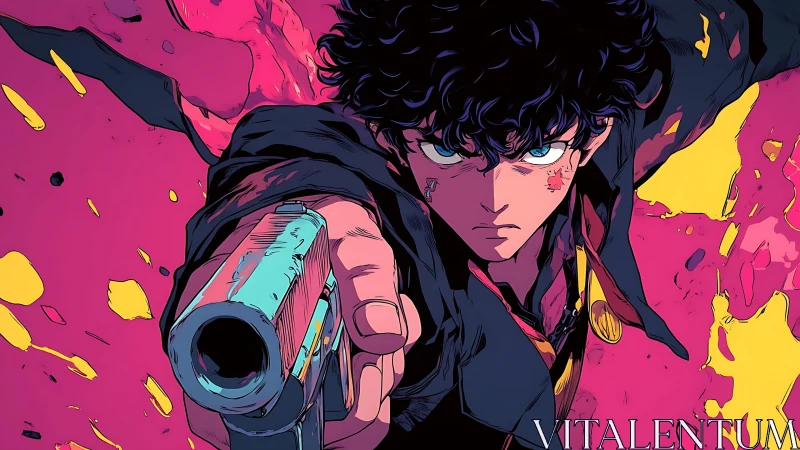 Male figure extends firearm toward viewer in stylized frame