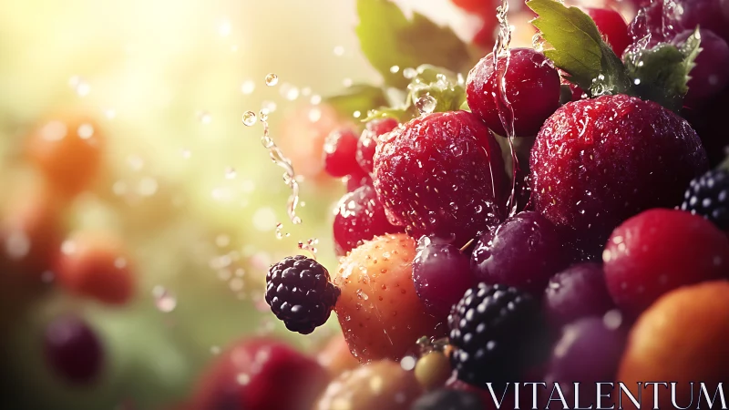 Mixed berries under splashing water captured in close focus