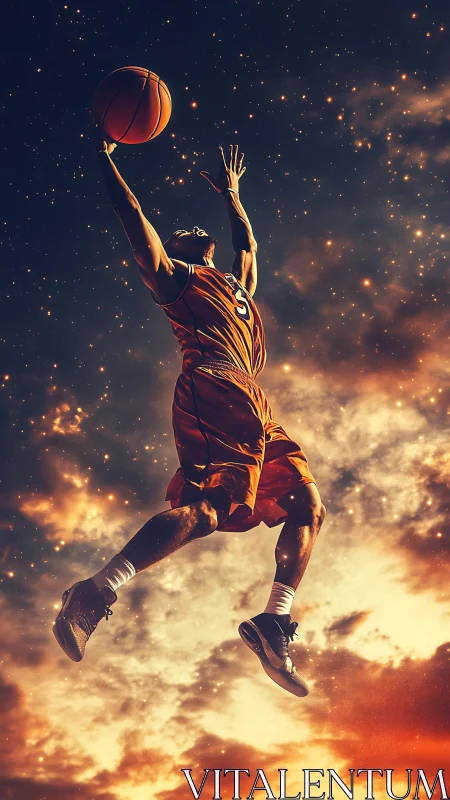 Basketball player in midair layup against cosmic sky backdrop