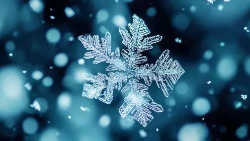 Macro crystalline snowflake under shallow depth of field focus.