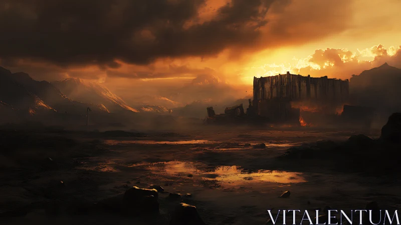 Sunset siege over smoldering fortress in ruined valley.