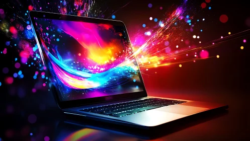 High-saturation laptop render with dynamic particle light trails