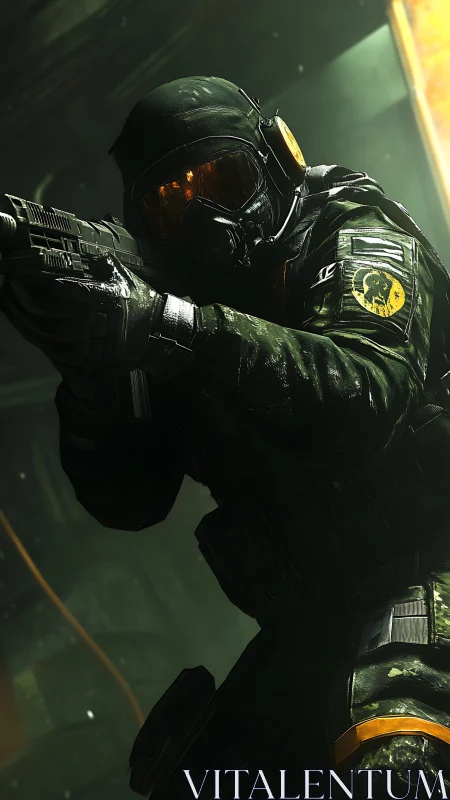 Tactical operator in low-key lighting advances with rifle ready