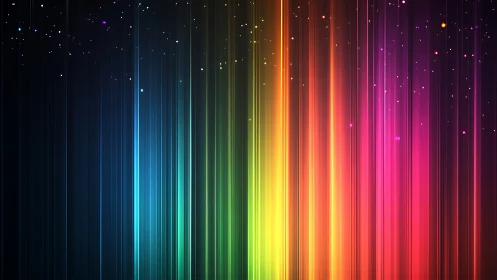 Vertical rainbow light streaks on dark gradient background.
