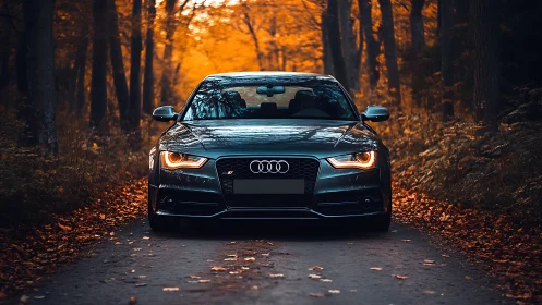 Sport sedan glows against dramatic autumn forest backdrop.