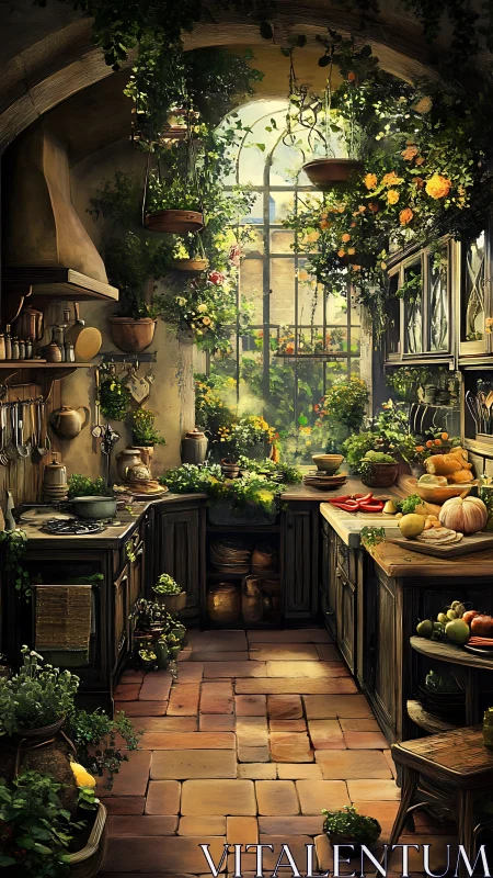 Sunlit rustic kitchen garden with lush hanging greenery.