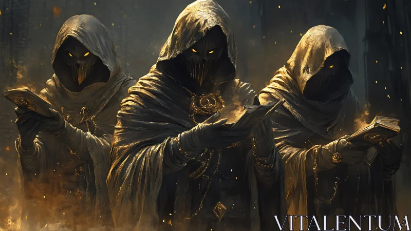 Hooded occult scribes read arcane tomes amid ember-lit gloom