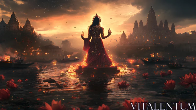 Divine river goddess rises amid burning lotus-lit temples