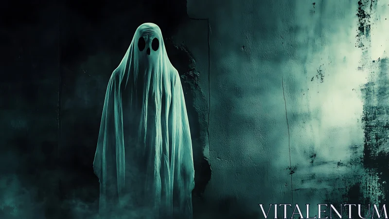 Gentle ghost in teal mist waits by a crumbling wall.