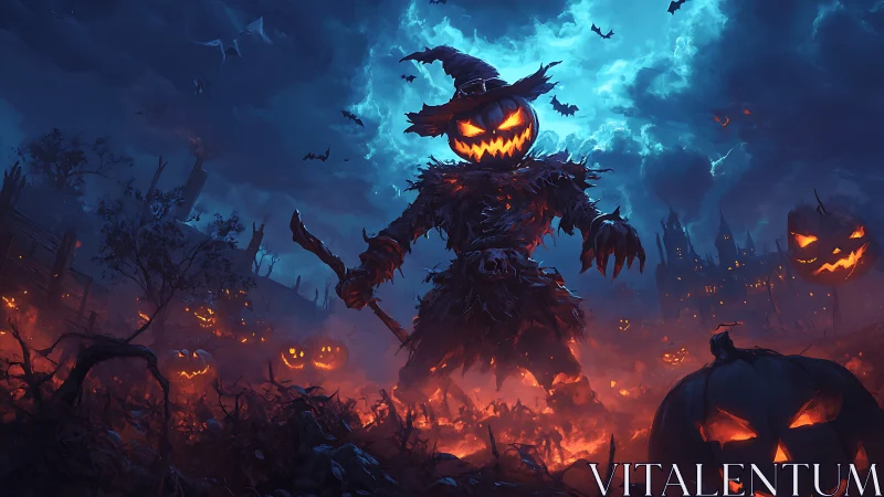 Pumpkin warlock scarecrow stalks a blazing Halloween field.