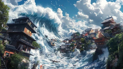 Colossal tsunami engulfing tiered coastal Japanese townscape.