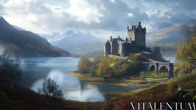 Medieval lakeside castle under dramatic mountain sky.