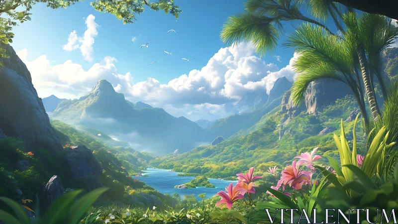 Lush tropical valley unfolds around tranquil blue lagoon.