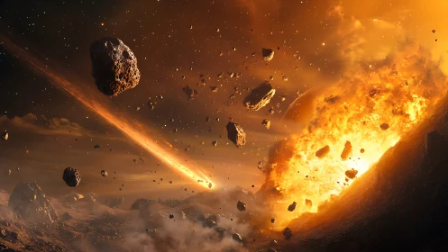 Blazing asteroid storm over a restless alien horizon.
