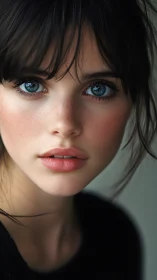 Portrait of young woman with blue eyes and dark hair.