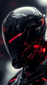 Glossy black humanoid robot with red illuminated accents.
