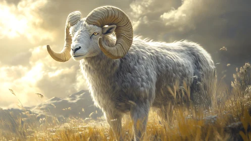 Majestic horned ram in golden mountain grassland light.