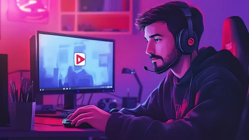 Person using desktop computer with headset in lit workspace