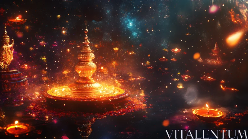Celestial temple of golden lamps in cosmic nightscape.