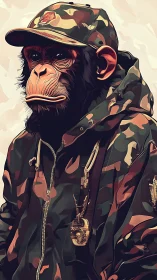 Camo-clad chimp portrait in urban streetwear style.