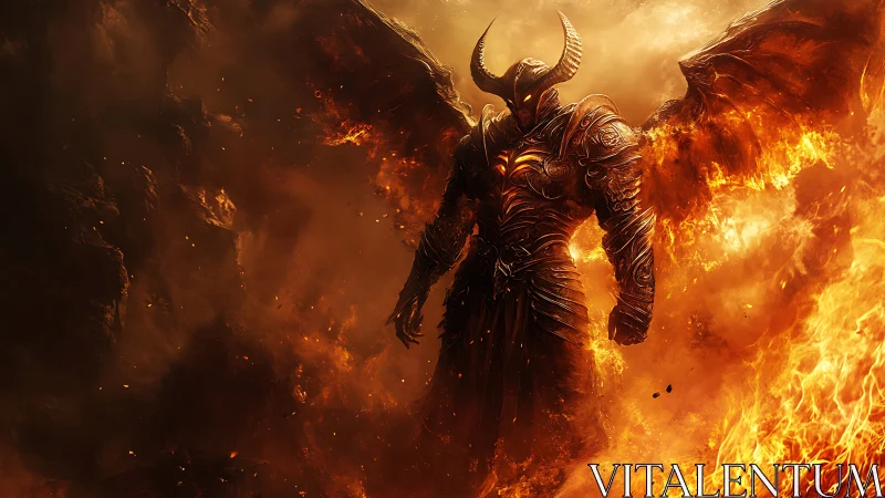 Infernal horned warlord rises amid swirling volcanic fire.