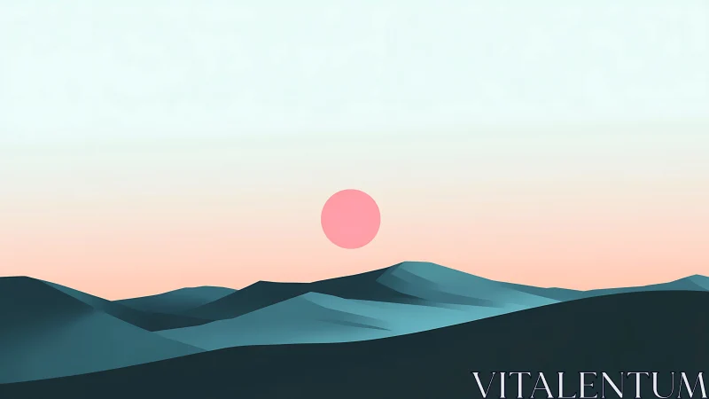 Minimalist pastel landscape with sun over blue hills.