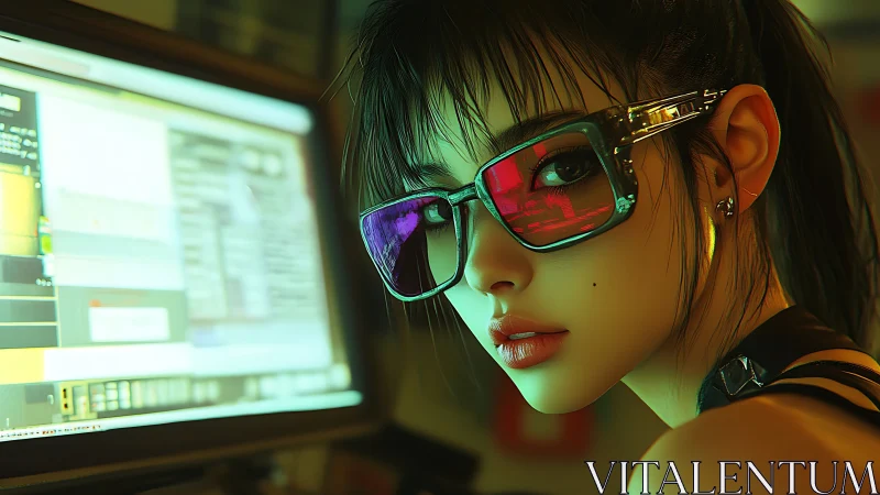 Cyberpunk woman working at glowing computer screen.