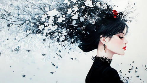 Elegant profile with blooming monochrome floral explosion