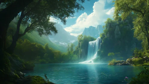 Sunlit mountain waterfall over calm turquoise forest lake.