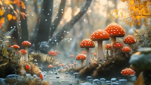 Enchanted forest stream with glowing red toadstool cluster.