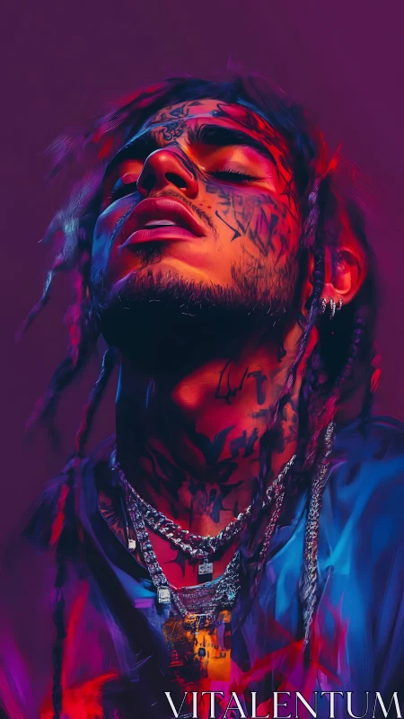 Neon drenched portrait of tattooed man in chromatic blur.