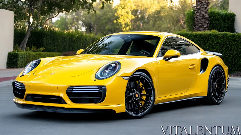 Yellow Porsche sports coupe is parked on a sunlit driveway
