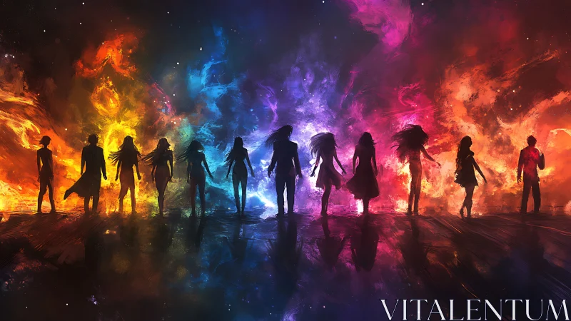 Silhouetted figures against multicolor cosmic energy field.