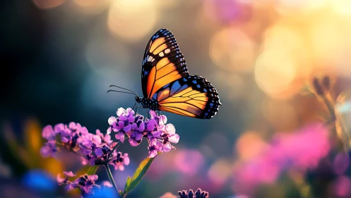 Butterfly rests on purple flowers in warm backlight glow