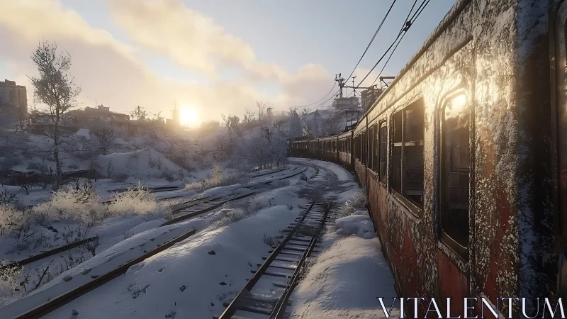 Snow covered railway and train move through winter landscape