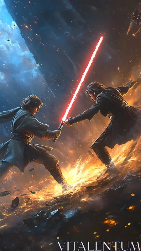 Clashing warriors on volcanic ridge with luminous energy blade.