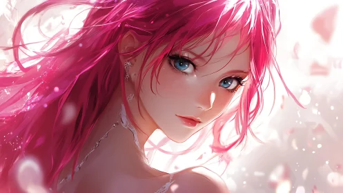 Pink haired anime girl turns toward viewer in soft petals