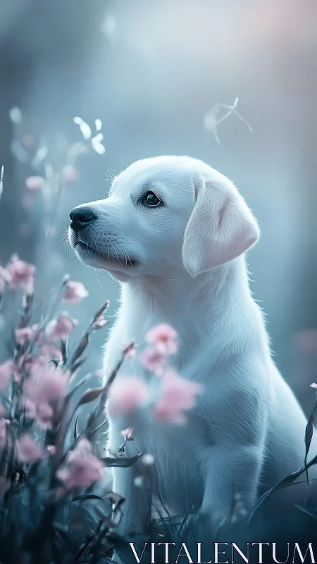 Soft-focus white puppy portrait in pastel floral bokeh field