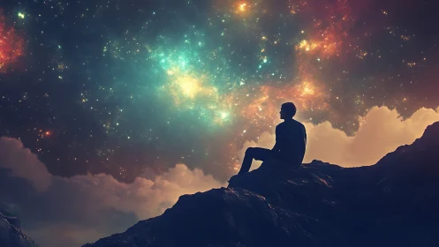 Stargazer sits on midnight cliffs while galaxies quietly bloom