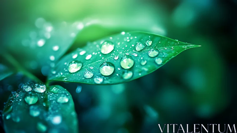 Macro leaf surface with crystal raindrops and teal bokeh glow.