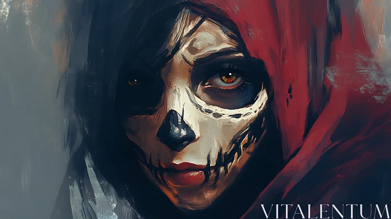 Hooded figure with skeletal face paint stares directly forward