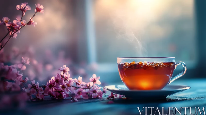 Steaming floral tea in glass cup against soft dawn bokeh light