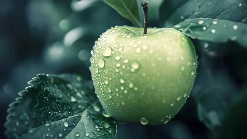Dew kissed green apple glowing softly among garden leaves.