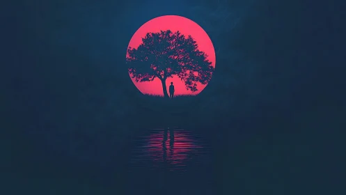Crimson moon cradles a lone dreamer beneath quiet branches