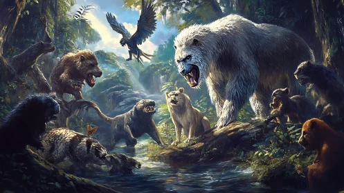 Mythical Beasts Converge in Ancient Forest Sanctuary.