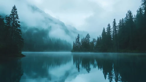 Misty Alpine Lake Surrounded by Coniferous Forest and Mountains.